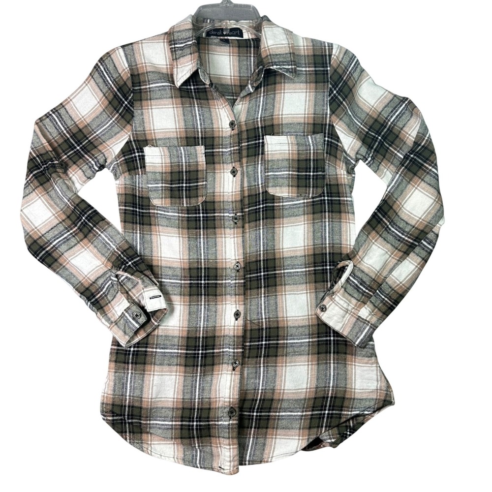 Derek Heart Plaid‎ Flannel Button Down Shirt Olive Tan Grunge Cabin Y2K Grunge S